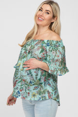 Aqua Floral Smocked Off Shoulder Maternity Top