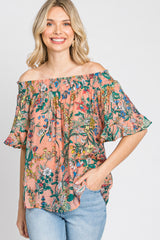 Coral Floral Smocked Off Shoulder Top