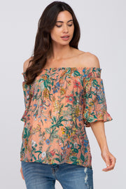 Coral Floral Smocked Off Shoulder Maternity Top