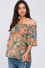 Coral Floral Smocked Off Shoulder Maternity Top