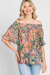 Coral Floral Smocked Off Shoulder Maternity Top