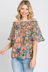 Coral Floral Smocked Off Shoulder Top