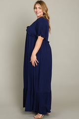 Navy Solid Ruffle Plus Maxi Dress