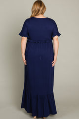 Navy Solid Ruffle Plus Maxi Dress