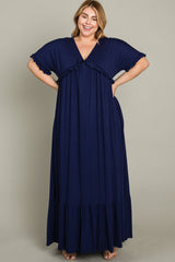 Navy Solid Ruffle Plus Maxi Dress