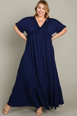 Navy Solid Ruffle Plus Maxi Dress