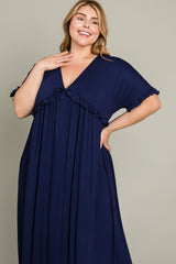 Navy Solid Ruffle Plus Maxi Dress