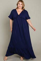 Navy Solid Ruffle Plus Maxi Dress