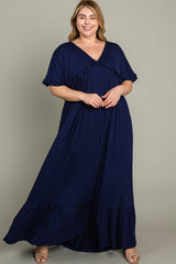 Navy Solid Ruffle Plus Maxi Dress