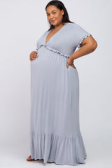 Light Grey Solid Ruffle Maternity Plus Maxi Dress