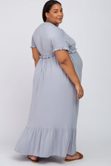 Light Grey Solid Ruffle Maternity Plus Maxi Dress