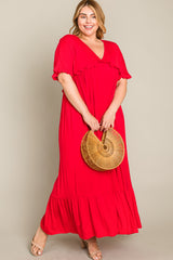 Red Solid Ruffle Maternity Plus Maxi Dress