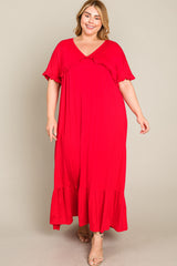 Red Solid Ruffle Plus Maxi Dress