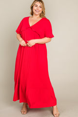 Red Solid Ruffle Plus Maxi Dress