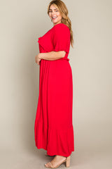 Red Solid Ruffle Plus Maxi Dress