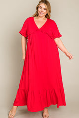 Red Solid Ruffle Plus Maxi Dress