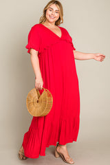 Red Solid Ruffle Plus Maxi Dress