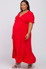 Red Solid Ruffle Maternity Plus Maxi Dress