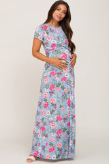 Light Blue Floral Front Twist Maternity Maxi Dress