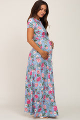 Light Blue Floral Front Twist Maternity Maxi Dress