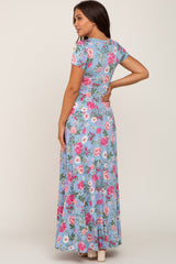 Light Blue Floral Front Twist Maternity Maxi Dress