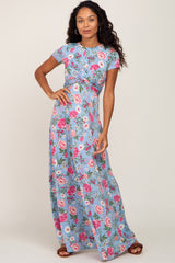 Light Blue Floral Front Twist Maternity Maxi Dress