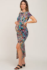 Black Multi-Color Floral Side Slit Maternity Maxi Dress