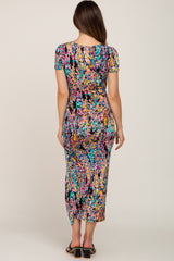 Black Multi-Color Floral Side Slit Maternity Maxi Dress