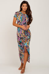 Black Multi-Color Floral Side Slit Maternity Maxi Dress