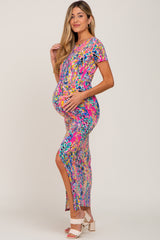 Fuchsia Multi-Color Floral Side Slit Maternity Maxi Dress