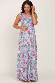 Light Blue Floral Flounce Maternity Maxi Dress