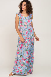 Light Blue Floral Flounce Maxi Dress