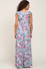 Light Blue Floral Flounce Maxi Dress