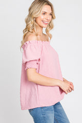 Pink Swiss Dot Off Shoulder Top