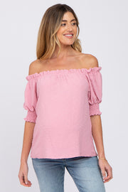 Pink Swiss Dot Off Shoulder Maternity Top