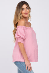 Pink Swiss Dot Off Shoulder Maternity Top