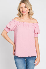 Pink Swiss Dot Off Shoulder Top