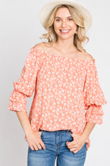 Orange Floral Off Shoulder Ruffle Top