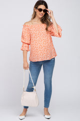 Orange Floral Off Shoulder Ruffle Maternity Top