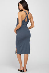 Blue Ribbed Cross Back Maternity Midi Dress