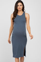 Blue Ribbed Cross Back Maternity Midi Dress