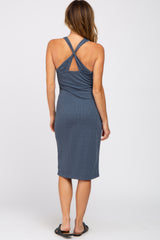 Blue Ribbed Cross Back Midi Dress