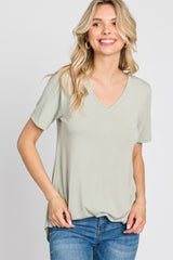 Sage V-Neck Short Sleeve Round Hem Top