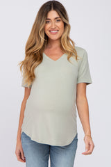 Sage V-Neck Maternity Short Sleeve Round Hem Top