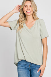 Sage V-Neck Short Sleeve Round Hem Top