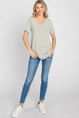 Sage V-Neck Short Sleeve Round Hem Top