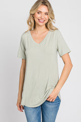 Sage V-Neck Short Sleeve Round Hem Top