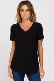 Black V-Neck Short Sleeve Round Hem Top