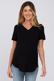 Black V-Neck Maternity Short Sleeve Round Hem Top