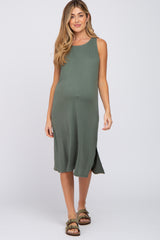 Olive Sleeveless Maternity Midi Dress